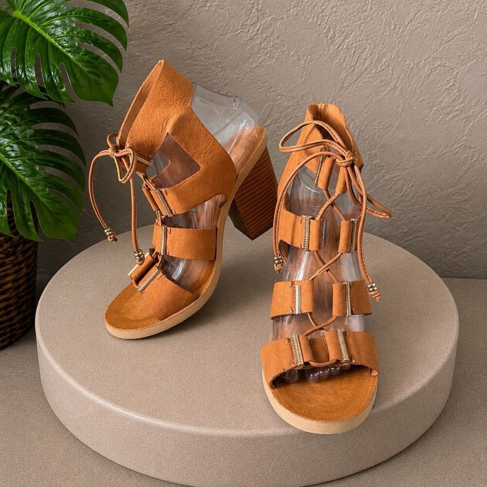 Dolce Vita Witley Women’s Size 9 Tan Leather Strappy Lace Up Block Heel Sandals